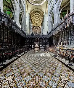 Choir stalls in Auch Cathedral - Seen from the high altar towards the choir organ