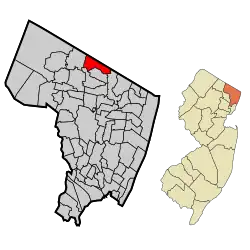 Location of Montvale in Bergen County highlighted in red (left). Inset map: Location of Bergen County in New Jersey highlighted in orange (right).
