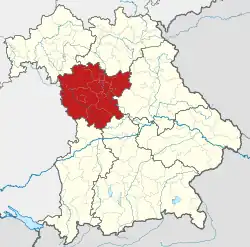 Map of Bavaria with the location of Middle Franconia highlighted