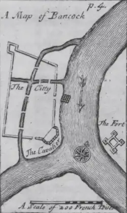 An engraved map titled "A Map of Bancock", showing a walled settlement on the west of a river, and a fort on the east