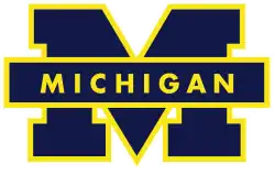A blue block M with maize-colored borders and the word Michigan across the middle.