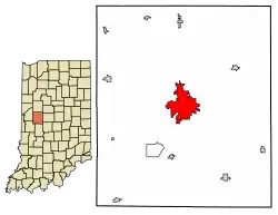 Location of Crawfordsville in Montgomery County, Indiana.