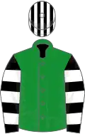 Green, black and white hooped sleeves, black and white striped cap