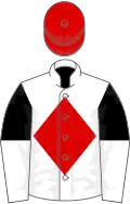 WHITE, red diamond, black and white halved sleeves, red cap