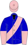 Blue, pink sash, halved sleeves, pink cap