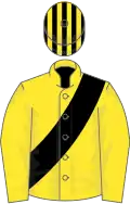 Yellow, black sash, striped cap
