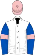 White, royal blue sleeves, pink armlets, pink cap