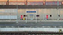 Place name sign on a platform