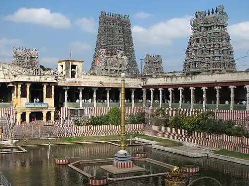 The armies of the Delhi Sultanate led by their Delhi Sultanate commander Malik Kafur demolished and plundered the Meenakshi Temple of Madurai and looted it of all its wealth.[260][261][262]