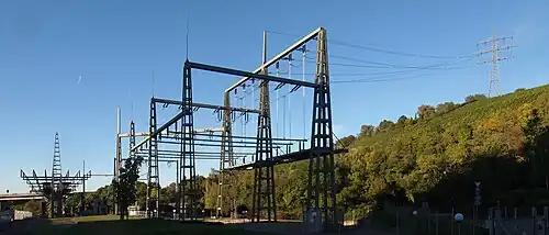 Former high-voltage substation in Stuttgart, Germany, now 110&nbsp;kV switching station. The 220&nbsp;kV level is eliminated for grid simplification.